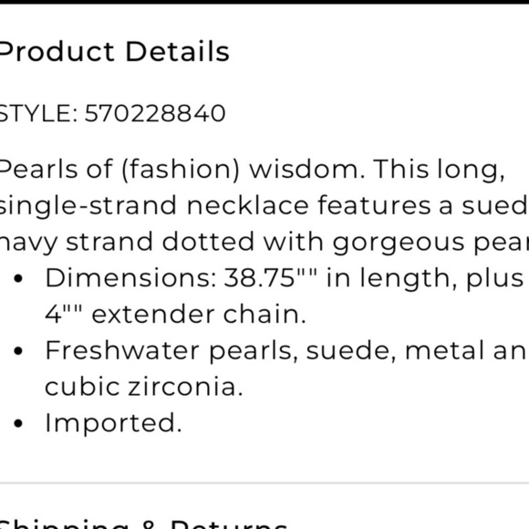 Chicos pearl necklace suede navy Paige long single strand‎ - Picture 2 of 3